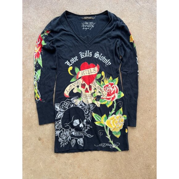 Ed Hardy Long-Sleeve V-Neck Tunic Dress Love Kills Slowly Skull Rose Black L D4 - Picture 1 of 6
